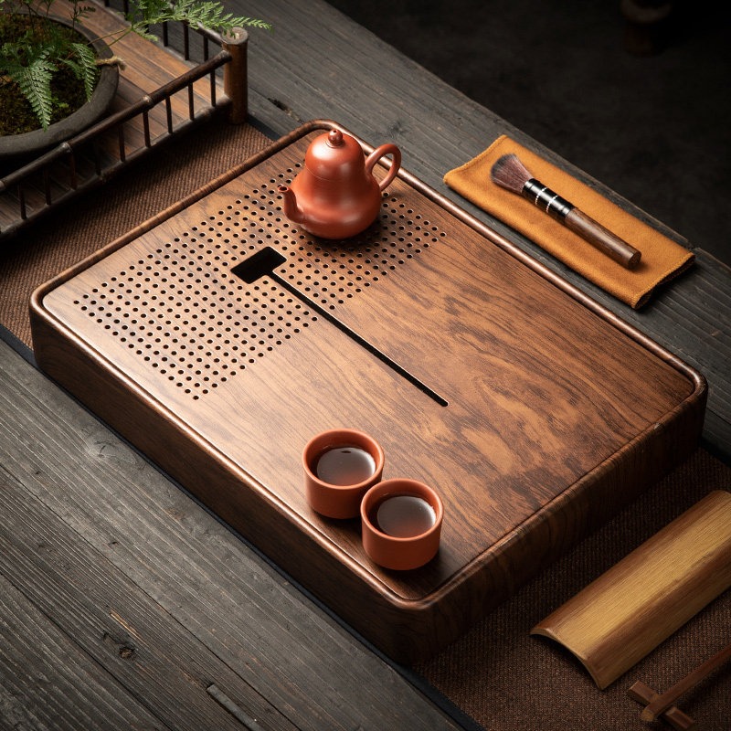 Drip Tray Saucer - Rectangular Bamboo Tea Tray with Water